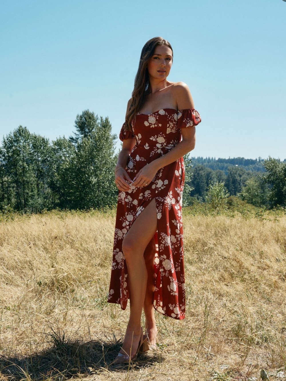 Park & Fifth Marian Off Shoulder Floral Maxi Dress in Burgundy and White